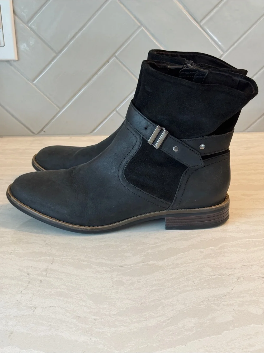 Clarks Black Leather & Suede Ankle Boots with Strap